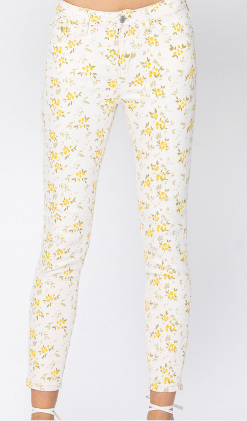 Judy Blue Mid Rise Floral Skinny Jeans